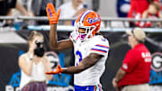 Florida Gators wide receiver Xzavier Henderson (3) gestures after scoring a touchdown during the second half against the Georgia Bulldogs at TIAA Bank Field in Jacksonville, FL on Saturday, October 29, 2022. [Matt Pendleton/Gainesville Sun]

Ncaa Football Florida Gators Vs Georgia Bulldogs