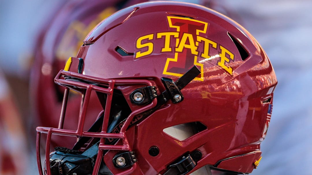 Nov 9, 2024; Kansas City, Missouri, USA; Iowa State Cyclones helmets on the bench during the first quarter against the Kansas Jayhawks at GEHA Field at Arrowhead Stadium. 