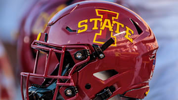 Nov 9, 2024; Kansas City, Missouri, USA; Iowa State Cyclones helmets on the bench during the first quarter against the Kansas Jayhawks at GEHA Field at Arrowhead Stadium. 