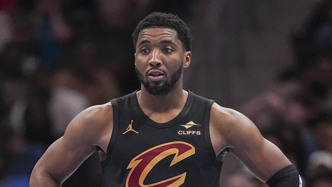 Feb 20, 2026; Charlotte, North Carolina, USA; Cleveland Cavaliers guard Donovan Mitchell (45) during the second half against the Charlotte Hornets at the Spectrum Center. Mandatory Credit: Jim Dedmon-Imagn Images