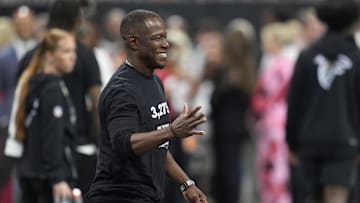 Sep 28, 2025; Atlanta, Georgia, USA; Atlanta Falcons head coach Raheem Morris