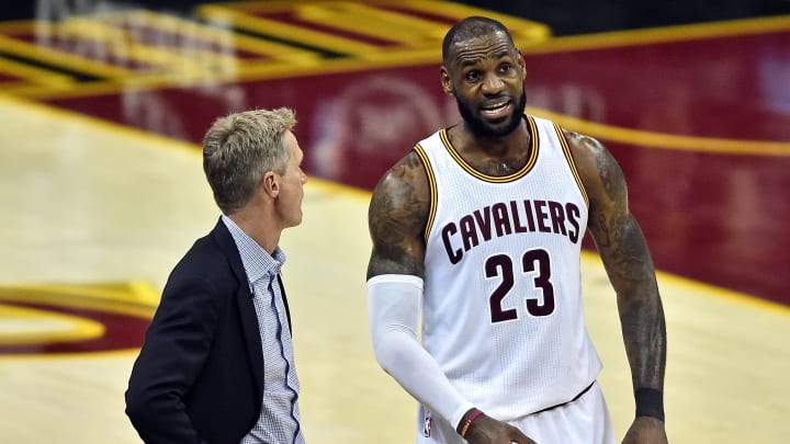 Jun 9, 2017; Cleveland, OH, USA; Cleveland Cavaliers forward LeBron James (23) talks with Golden State Warriors head coach Steve Kerr during the first quarter in game four of the Finals for the 2017 NBA Playoffs at Quicken Loans Arena. Mandatory Credit: Ken Blaze-USA TODAY Sports