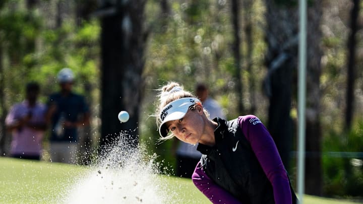 Nelly Korda hits out of a sand trap during the first round of the 2024 CME Group Tour Championship on Nov. 21, 2024.