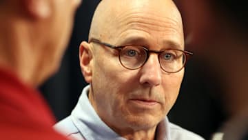 Feb 15, 2024; Tampa, FL, USA; New York Yankees general manager Brian Cashman talks with media at George M. Steinbrenner Field. Mandatory Credit: Kim Klement Neitzel-Imagn Images