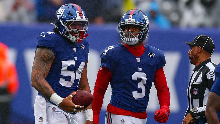 New York Giants linebacker Malik Harrison (54) celebrates with linebacker Abdul Carter