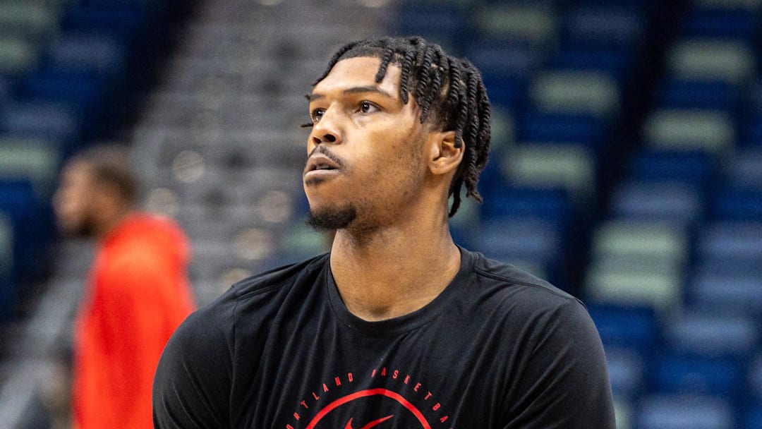 Jan 2, 2026; New Orleans, Louisiana, USA;  Portland Trail Blazers guard Caleb Love (2) during warmups before the game against the New Orleans Pelicans at Smoothie King Center.