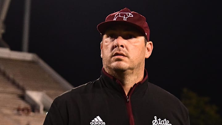 Mississippi State Bulldogs head coach Jeff Lebby walks off the field after defeating the Eastern Kentucky Colonels at Davis Wade Stadium at Scott Field. 