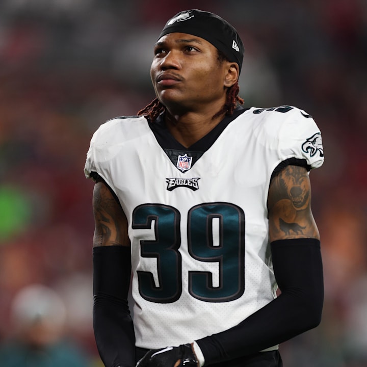 Philadelphia Eagles cornerback Eli Ricks stands on the field during warm ups before a 2024 NFC wild card game. 