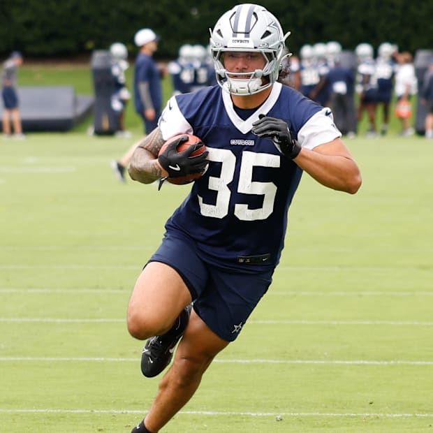 Dallas Cowboys LB Marist Liufau goes through a drill during practice at the Ford Center at the Star Training Facility.