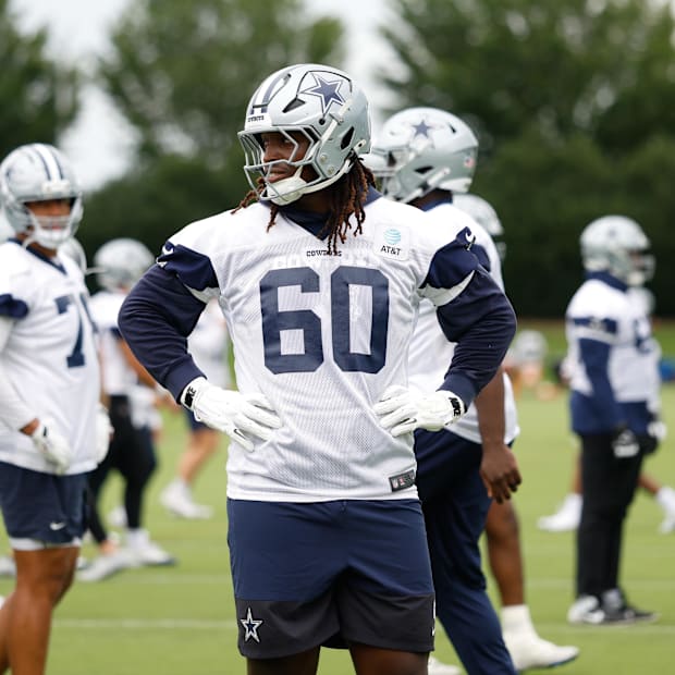 Dallas Cowboys offensive tackle Tyler Guyton goes through a drill during practice at the Ford Center at the Star 