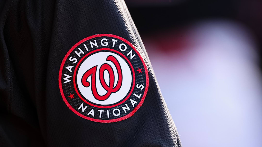 Apr 20, 2024; Washington, District of Columbia, USA; A detailed view of the Washington Nationals jersey sleeve patch during the sixth inning against the Houston Astros at Nationals Park. 