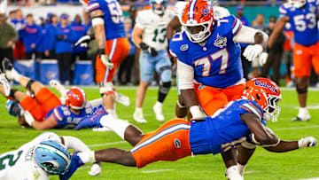 Florida Gators running back Jadan Baugh (13) dives across the goal line for touchdown but it was called back during the second half at Raymond James Stadium in Tampa, FL on Friday, December 20, 2024 in the 2024 Union Home Mortgage Gasparilla Bowl. The Gators defeated Tulane 33-8. [Doug Engle/Gainesville Sun]