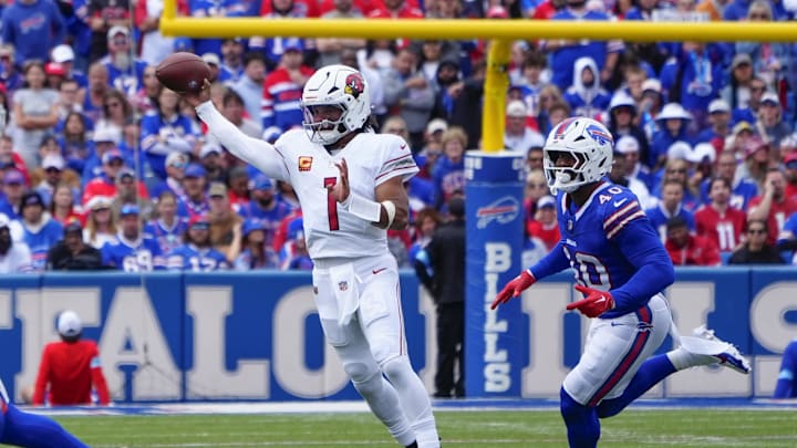 Sep 8, 2024; Orchard Park, New York, USA; Arizona Cardinals quarterback Kyler Murray (1) throws the ball against the Buffalo Bills during the first half at Highmark Stadium. Mandatory Credit: Gregory Fisher-Imagn Images