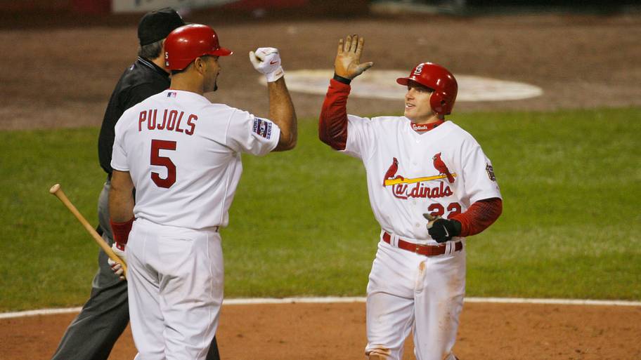 Cardinals players Albert Pujols and David Eckstein in the 2006 World Series