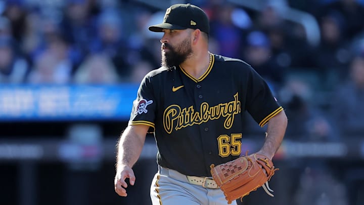 Mar 29, 2026; New York City, New York, USA; Pittsburgh Pirates starting pitcher Jose Urquidy (65) follows through on a pitch against the New York Mets during the tenth inning at Citi Field. Mandatory Credit: Brad Penner-Imagn Images