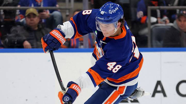 Dec 11, 2025; Elmont, New York, USA; New York Islanders defenseman Matthew Schaefer (48) takes a shot against the Anaheim Ducks during the second period at UBS Arena. Mandatory Credit: Brad Penner-Imagn Images Dec 11, 2025; Elmont, New York, USA; New York Islanders defenseman Matthew Schaefer (48) takes a shot against the Anaheim Ducks during the second period at UBS Arena. Mandatory Credit: Brad Penner-Imagn Images