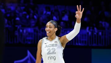 Jul 27, 2025; Arlington, Texas, USA;  Las Vegas Aces center A'ja Wilson (22) reacts against the Dallas Wings during the first half at College Park Center. Mandatory Credit: Chris Jones-Imagn Images