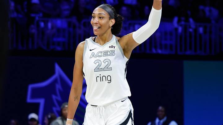 Jul 27, 2025; Arlington, Texas, USA;  Las Vegas Aces center A'ja Wilson (22) reacts against the Dallas Wings during the first half at College Park Center. Mandatory Credit: Chris Jones-Imagn Images
