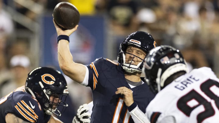 Bears quarterback Brett Rypien fires in the second quarter against Houston in the Hall of Fame Game win by Chicago, 21-17.