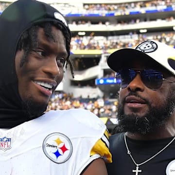 Pittsburgh Steelers wide receiver George Pickens and head coach Mike Tomlin after a game against the Los Angeles Rams. 