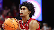 Dec 14, 2024; Piscataway, New Jersey, USA; Rutgers Scarlet Knights guard Dylan Harper (2) shoots a free throw  during the second half against the Seton Hall Pirates at Jersey Mike's Arena. Mandatory Credit: Vincent Carchietta-Imagn Images