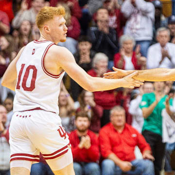Indiana's Anthony Leal (3) celebrates with Luke Goode (10) after Goode's three-pointer during the Indiana vs. Penn State men's basketball game at Simon Skjodt Assembly Hall on Wednesday, Feb. 26, 2025.