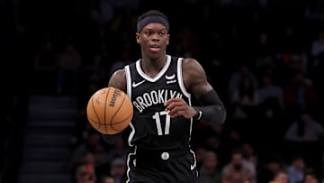 Apr 10, 2024; Brooklyn, New York, USA; Brooklyn Nets guard Dennis Schroder (17) brings the ball up court against the Toronto Raptors during the first quarter at Barclays Center. Mandatory Credit: Brad Penner-Imagn Images