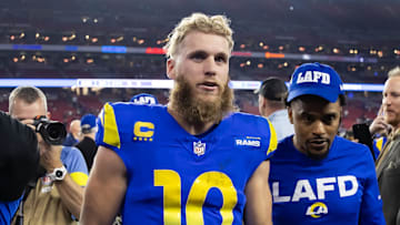 Jan 13, 2025; Glendale, AZ, USA; Los Angeles Rams wide receiver Cooper Kupp (10) against the Minnesota Vikings during an NFC wild card game at State Farm Stadium. Mandatory Credit: Mark J. Rebilas-Imagn Images