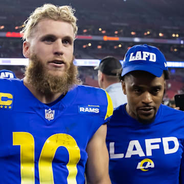 Jan 13, 2025; Glendale, AZ, USA; Los Angeles Rams wide receiver Cooper Kupp (10) against the Minnesota Vikings during an NFC wild card game at State Farm Stadium. Mandatory Credit: Mark J. Rebilas-Imagn Images