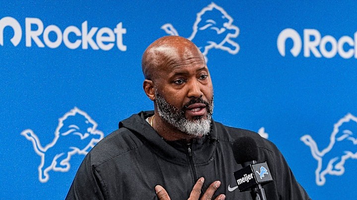 Detroit Lions executive vice president and general manager Brad Holmes speaks during media availability at Meijer Performance Center in Allen Park on Thursday, Jan. 8, 2026.