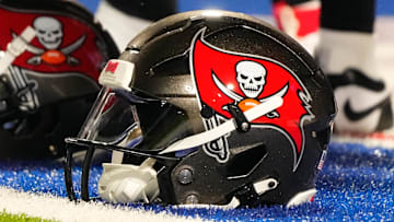 Oct 26, 2023; Orchard Park, New York, USA; A general view of Tampa Bay Buccaneer helmets prior to the game against the Buffalo Bills at Highmark Stadium. Mandatory Credit: Gregory Fisher-Imagn Images