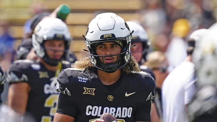 Sep 6, 2025; Boulder, Colorado, USA; Colorado Buffaloes quarterback Julian Lewis (10) before the game against the Delaware Fightin Blue Hens at Folsom Field.