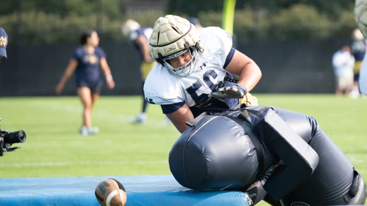 Charles Jagusah OL of the Fighting Irish at football practice at the Irish Athletic Center at Notre Dame.