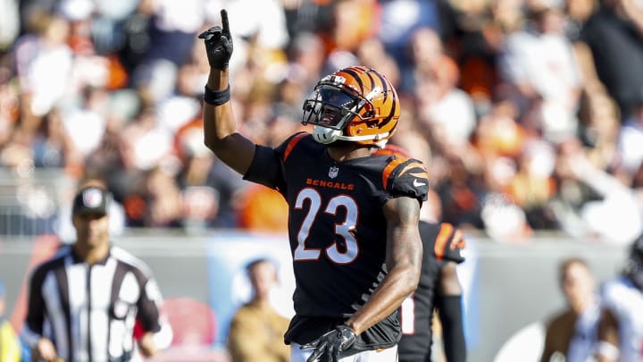 Nov 12, 2023; Cincinnati, Ohio, USA; Cincinnati Bengals safety Dax Hill (23) reacts after breaking up a pass intended for Houston Texans wide receiver Tank Dell (3) in the first half at Paycor Stadium. Mandatory Credit: Katie Stratman-USA TODAY Sports