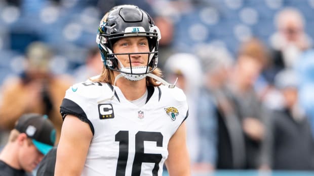 Jacksonville Jaguars quarterback Trevor Lawrence (16) throws during pre-game warmups against the Tennessee Titans  