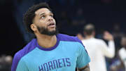 Apr 8, 2025; Charlotte, North Carolina, USA;  Charlotte Hornets forward Miles Bridges (0) warms up before the game against the Memphis Grizzlies at the Spectrum Center. Mandatory Credit: Sam Sharpe-Imagn Images
