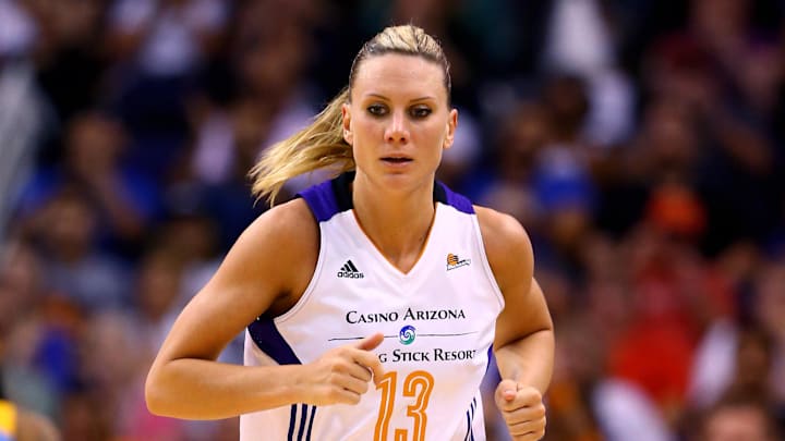 Sep 7, 2014; Phoenix, AZ, USA; Phoenix Mercury forward Penny Taylor (13) against the Chicago Sky during game one of the WNBA Finals at US Airways Center. The Mercury defeated the Sky 83-62. Mandatory Credit: Mark J. Rebilas-Imagn Images
Sep 7, 2014; Phoenix, AZ, USA; Phoenix Mercury forward Penny Taylor (13) against the Chicago Sky during game one of the WNBA Finals at US Airways Center. The Mercury defeated the Sky 83-62. Mandatory Credit: Mark J. Rebilas-Imagn Images