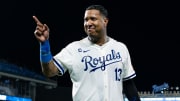 Aug 10, 2024; Kansas City, Missouri, USA; Kansas City Royals first baseman Salvador Perez (13) reacts after getting doused after defeating the St. Louis Cardinals at Kauffman Stadium. Mandatory Credit: Jay Biggerstaff-USA TODAY Sports