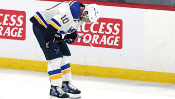May 4, 2025; Winnipeg, Manitoba, CAN; St. Louis Blues center Brayden Schenn (10) reacts to the team’s double overtime loss to the Winnipeg Jets in game seven of the first round of the 2025 Stanley Cup Playoffs at Canada Life Centre. Mandatory Credit: James Carey Lauder-Imagn Images