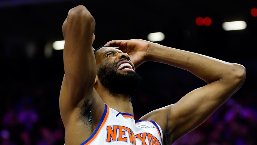 New York Knicks guard Mikal Bridges (25) reacts after getting called for a foul during the third quarter against the Sacramento Kings at Golden 1 Center on January 14, 2026.