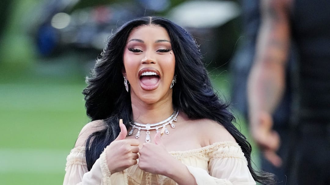 Cardi B arrives for the halftime show at Super Bowl LX