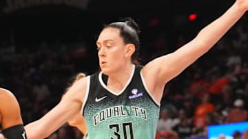 Sep 19, 2025; Phoenix, Arizona, USA; Phoenix Mercury forward Satou Sabally (0) dribbles against New York Liberty forward Breanna Stewart (30) during the second half of game three of round one for the 2025 WNBA Playoffs at PHX Arena. Mandatory Credit: Joe Camporeale-Imagn Images