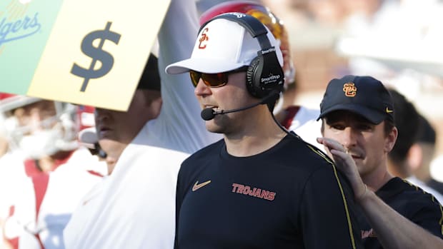 USC Trojans head coach Lincoln Riley on the sideline in the second half against the Michigan Wolverines at Michigan Stadium.