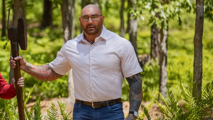 (from left) Sabrina (Nikki Amuka-Bird), Adriane (Abby Quinn), Redmond (Rupert Grint) and Leonard (Dave Bautista) in Knock at the Cabin, directed by M. Night Shyamalan.