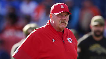 Nov 16, 2025; Denver, Colorado, USA; Kansas City Chiefs head coach Andy Reid before the game against the Denver Broncos at Empower Field at Mile High. Mandatory Credit: Ron Chenoy-Imagn Images