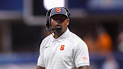 Aug 30, 2025; Atlanta, Georgia, USA; Syracuse Orange head coach Fran Brown on the sideline against the Tennessee Volunteers in the second quarter at Mercedes-Benz Stadium. Mandatory Credit: Brett Davis-Imagn Images