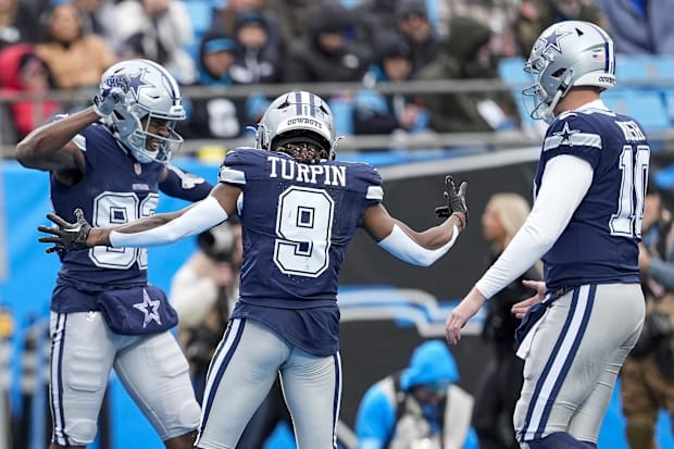 Dallas Cowboys wide receiver Jalen Brooks celebrates his touchdown catch with wide receiver KaVontae Turpin