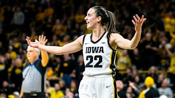 Iowa guard Caitlin Clark reacts during a NCAA Big Ten Conference women's basketball game against Indiana, Sunday, Feb. 26, 2023, at Carver-Hawkeye Arena in Iowa City, Iowa.