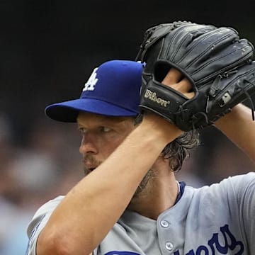 Jul 8, 2025; Milwaukee, Wisconsin, USA;  Los Angeles Dodgers pitcher Clayton Kershaw (22) during the game against the Milwaukee Brewers at American Family Field. Mandatory Credit: Jeff Hanisch-Imagn Images