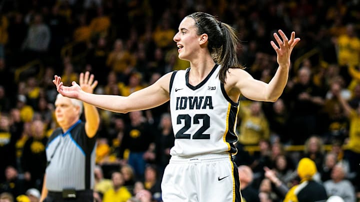 Iowa guard Caitlin Clark reacts during a NCAA Big Ten Conference women's basketball game against Indiana, Sunday, Feb. 26, 2023, at Carver-Hawkeye Arena in Iowa City, Iowa.